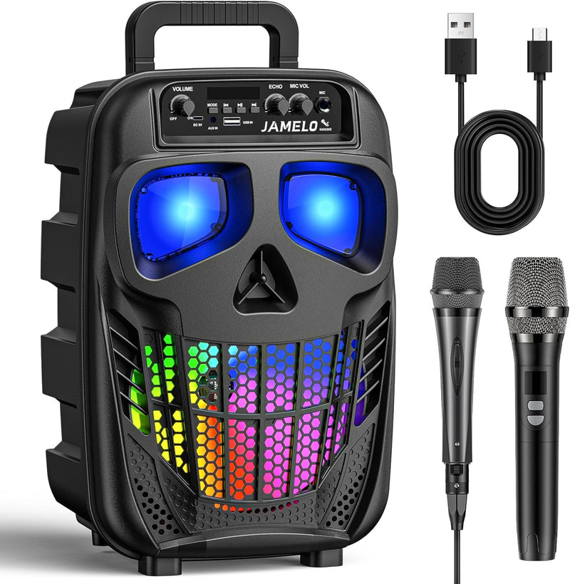 JAMELO Tragbare Karaoke Maschine mit 2 Mikrofone, Bluetooth Lautsprecher mit Lichteffekt, PA Anlage