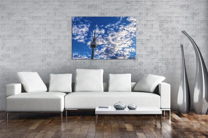 Spitze des Berliner Fernsehturms Format: 80x60 cm als Leinwandbild, Motiv fertig gerahmt auf Echthol
