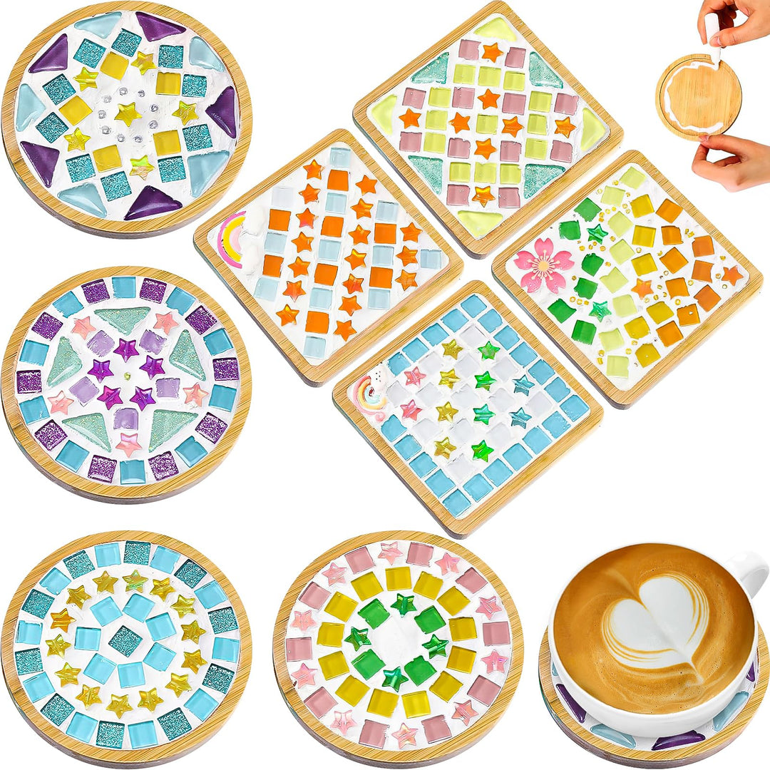 OGMBI 8er Set DIY Mosaik Bastelset Untersetzer, DIY Glasmosaik Set mit Bambus-Holzbasis für Erwachse