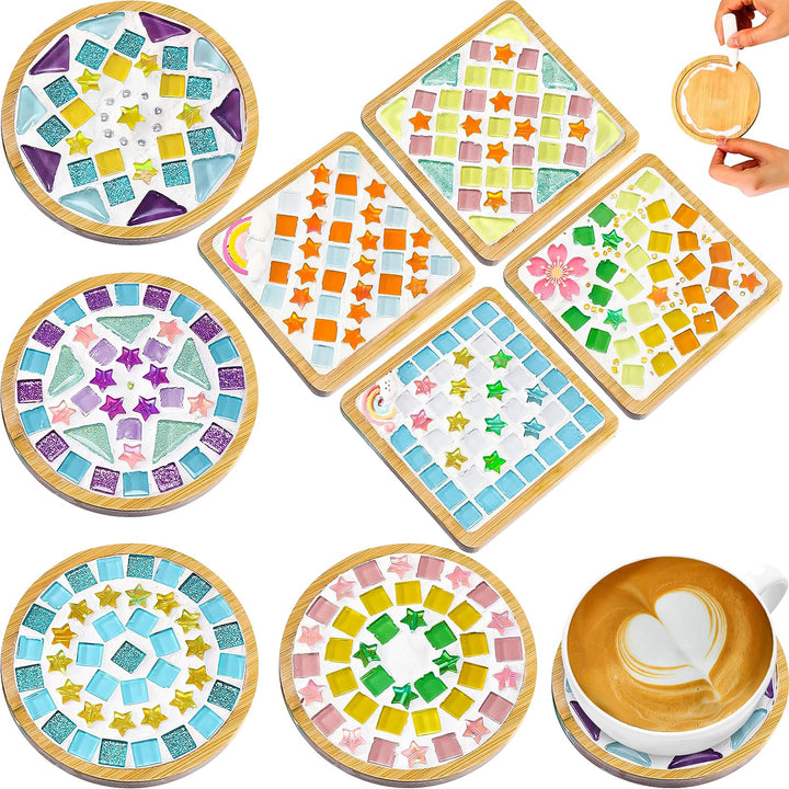 OGMBI 8er Set DIY Mosaik Bastelset Untersetzer, DIY Glasmosaik Set mit Bambus-Holzbasis für Erwachse