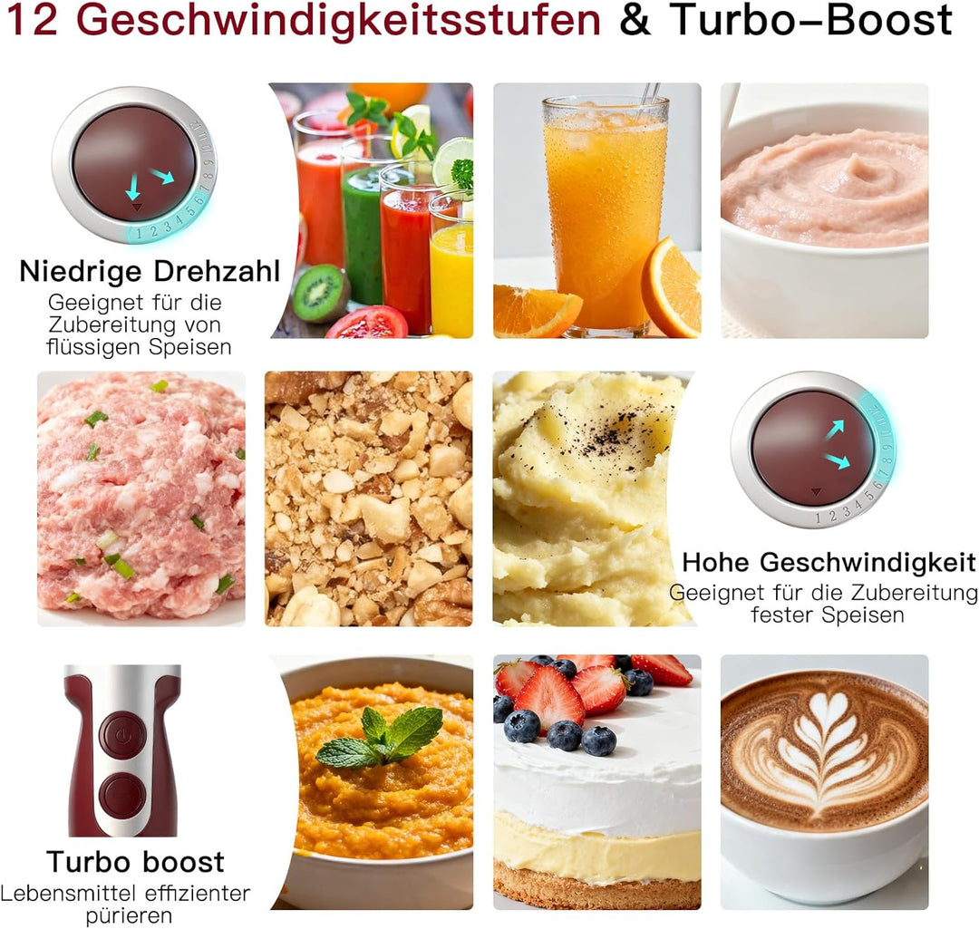 Megawise 3-in-1-Stabmixer – 12 Geschwindigkeiten, inkl. leistungsstarkem Mixstab, Schneebesen und Mi
