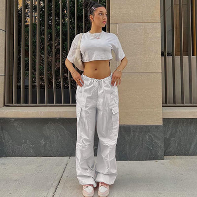 FYMNSI Damen Cargo Hose Cargohose Baggy Hose y2k Track Pants Niedrige Taille Locker Lange Hosen Stre