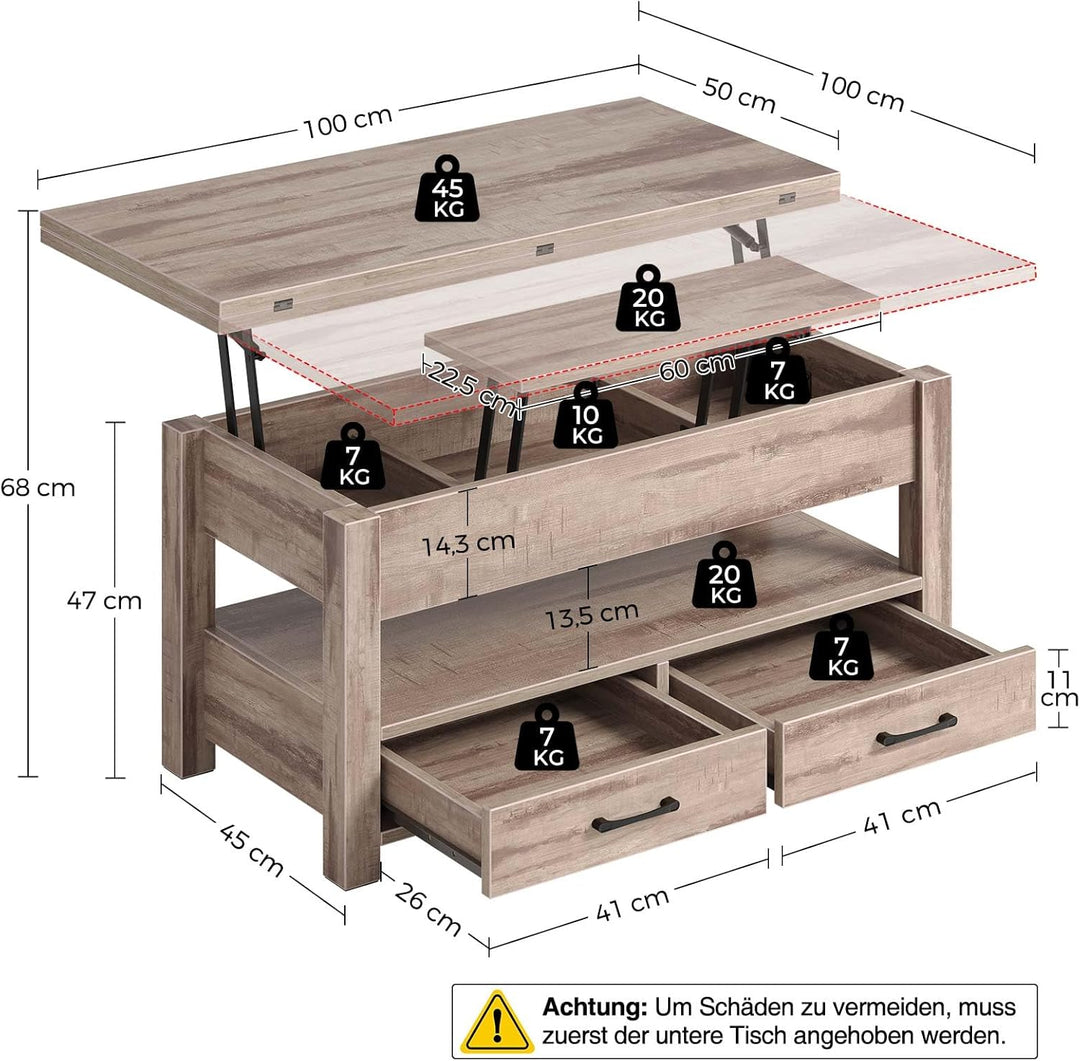 Rolanstar Couchtisch Höhenverstellbar, Wohnzimmertisch mit Schublade & verstecktem Fach, Kaffeetisch