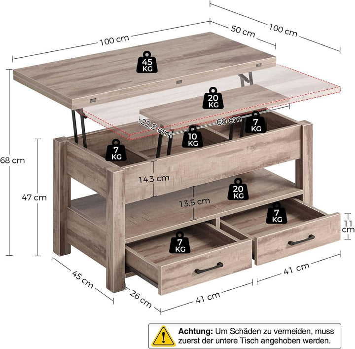 Rolanstar Couchtisch Höhenverstellbar, Wohnzimmertisch mit Schublade & verstecktem Fach, Kaffeetisch