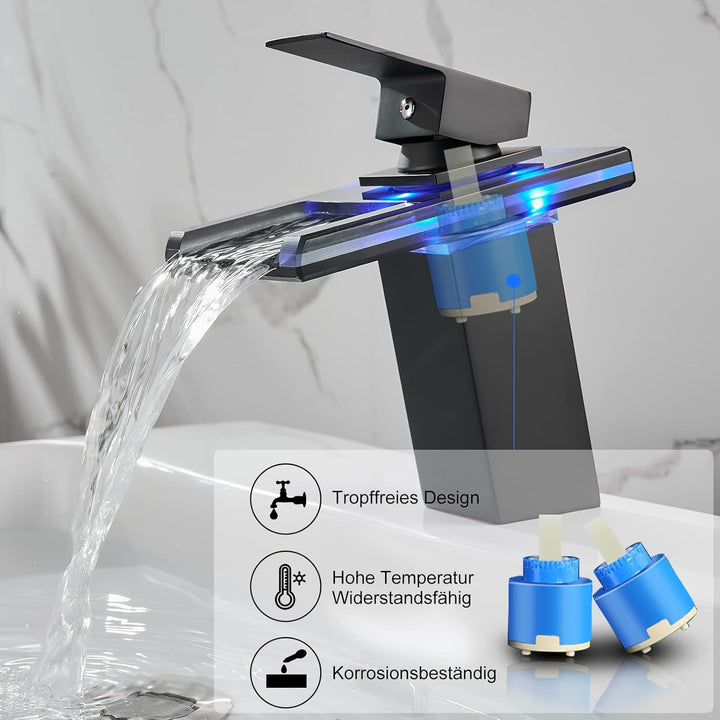 KEOKBON LED Lichter Bad Wasserhahn Schwarz, Farbtemperatur Wasserfall Waschtischarmatur, Waschtischb
