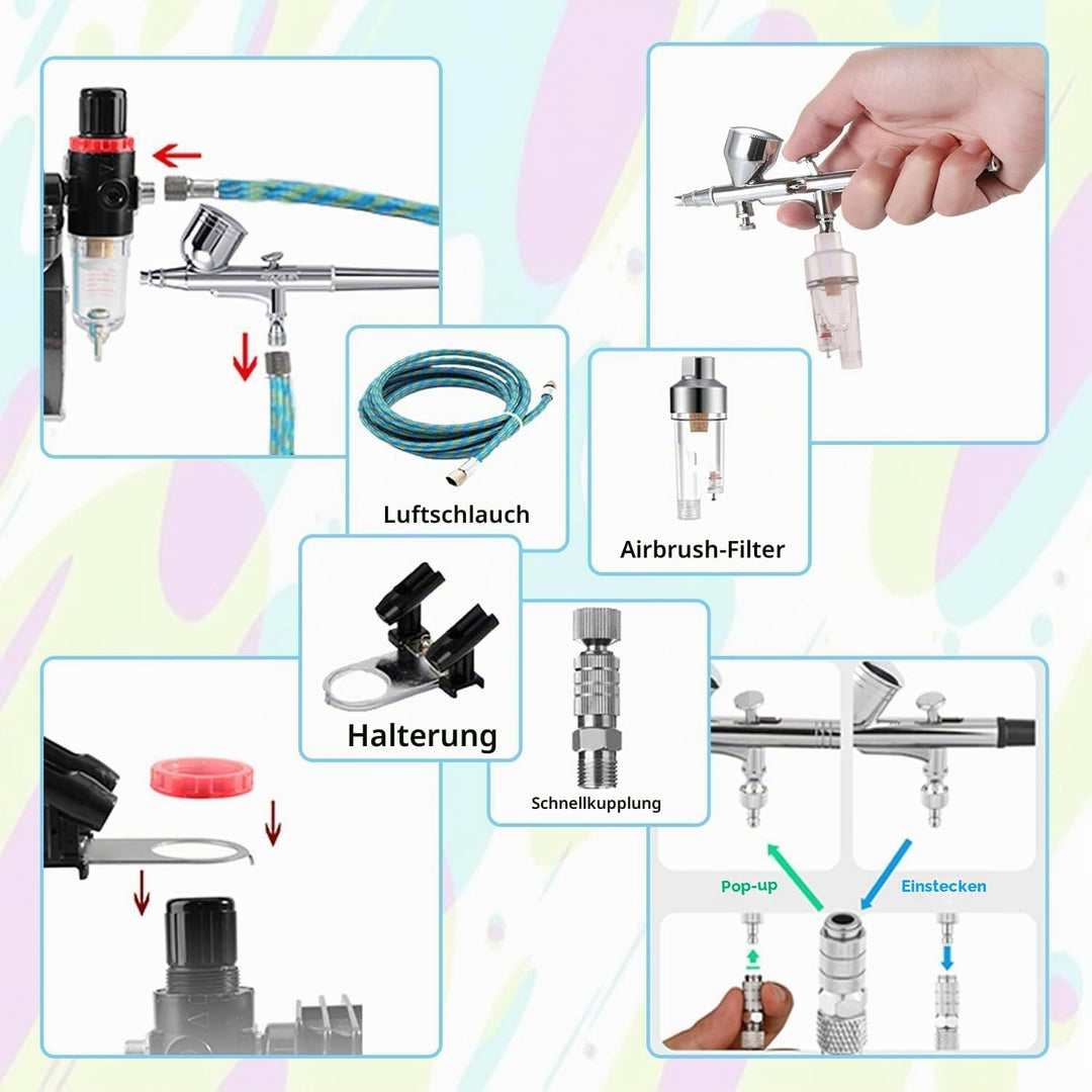 ABEST Airbrush Kompressor-Kit: Luftschlauch, Airbrush-Halter, Minifilter, Double-Action-Mechanismus