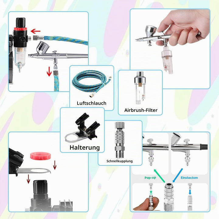 ABEST Airbrush Kompressor-Kit: Luftschlauch, Airbrush-Halter, Minifilter, Double-Action-Mechanismus
