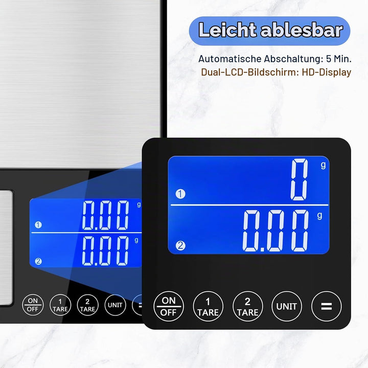Digitale Küchenwaage mit Dualer Wiegefläche, 15kg/1g &amp; 500g/0.01g Präzisionswaage, Tara &amp; Summierung
