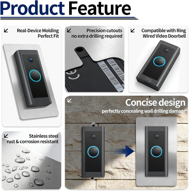Blende Edelstahl für Ring Doorbell Wired - Wandplatte für Ring Video Türklingel Wired, Halterung Zub
