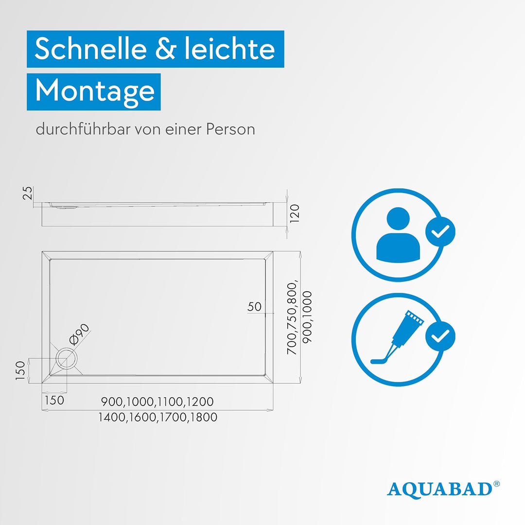 AQUABAD Duschwanne/Duschtasse | Ultima mit LeakProtect Technologie Smooth White 70x100cm Rechteck 70