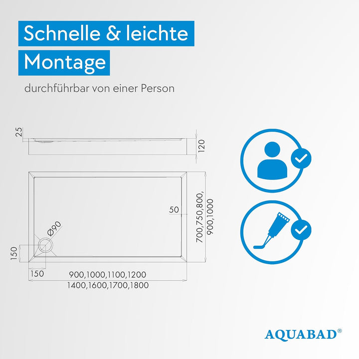 AQUABAD Duschwanne/Duschtasse | Ultima mit LeakProtect Technologie Smooth White 70x100cm Rechteck 70