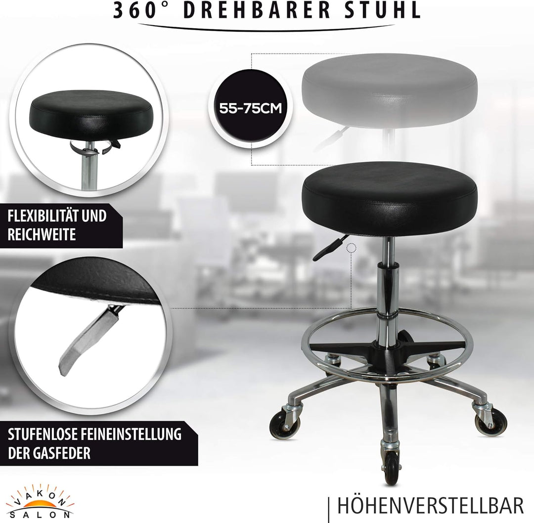 Premium Rollhocker mit Fussring - Höhenverstellbar von 55-75 cm - Rundsitz Drehhocker Arbeitshocker