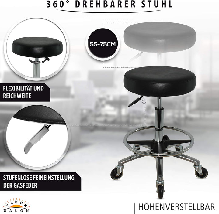Premium Rollhocker mit Fussring - Höhenverstellbar von 55-75 cm - Rundsitz Drehhocker Arbeitshocker