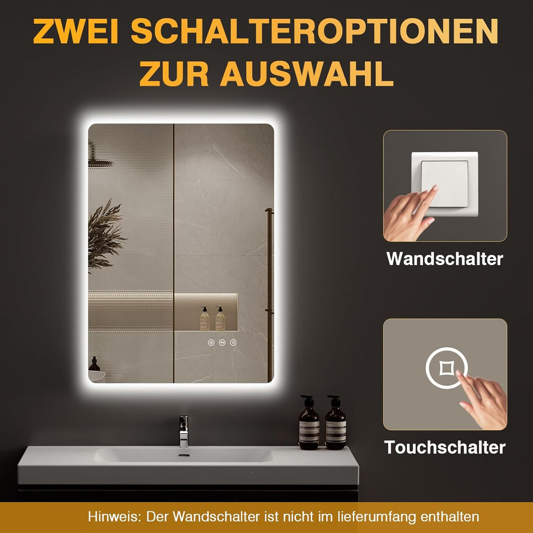 Badspiegel mit Beleuchtung, Led Spiegel Bad mit Licht, Antibeschlag, 3 Lichtfarben, Dimmbar, Speiche