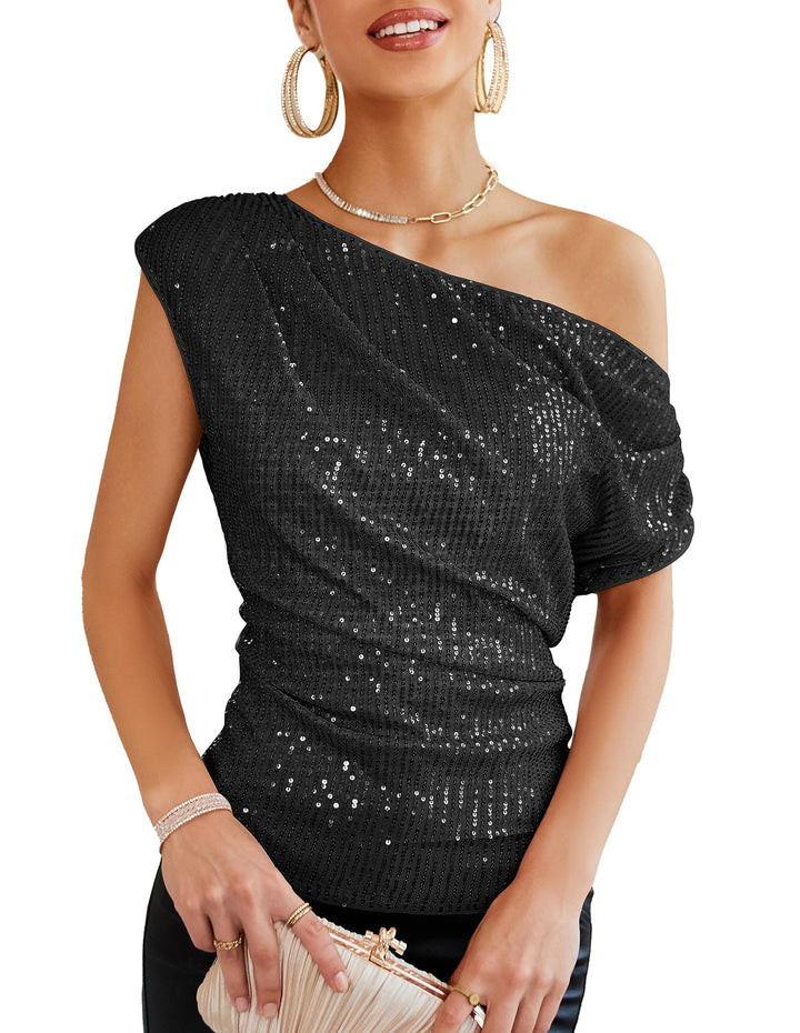 GRACE KARIN Damen Pailletten Oberteil One-Shoulder, Asymmetrisch &amp; Voll Gefüttert, Festliches Party