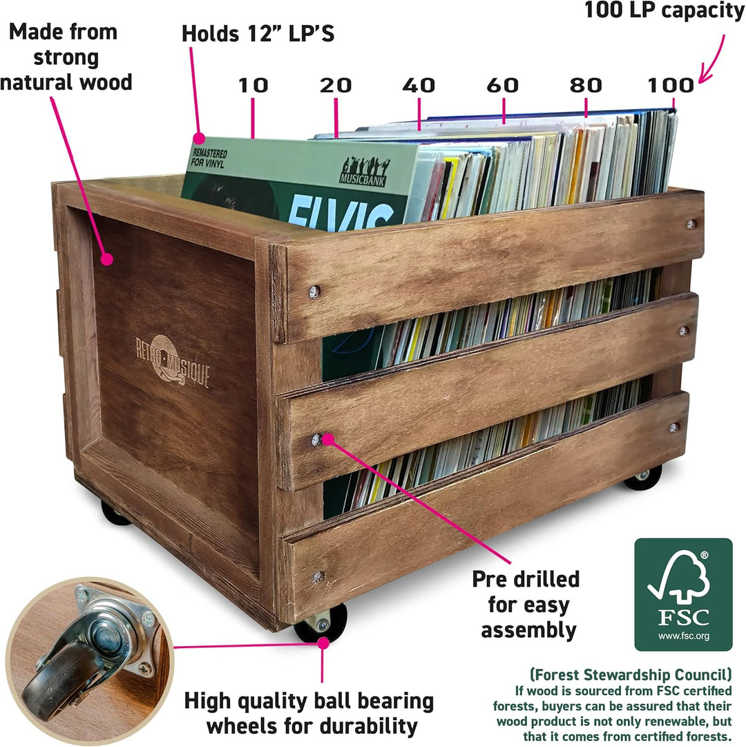 Retro Musique Aufbewahrungsbox aus Holz für bis zu 100 Alben (in PVC-Hüllen) mit Sackleinen-Stoffbez