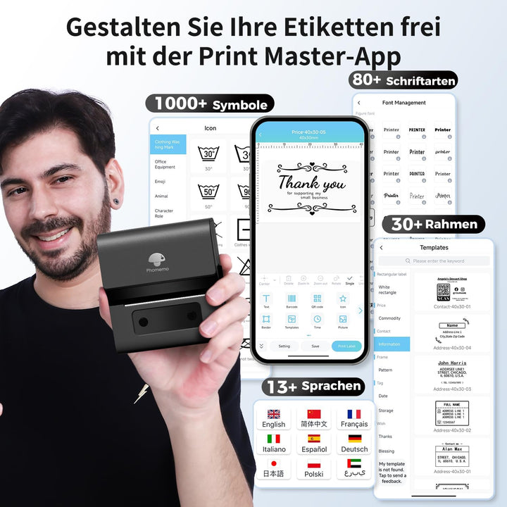 Phomemo M221 Etikettendrucker, 3 Zoll Bluetooth Beschriftungsgerät Selbstklebend Upgrade Label Print