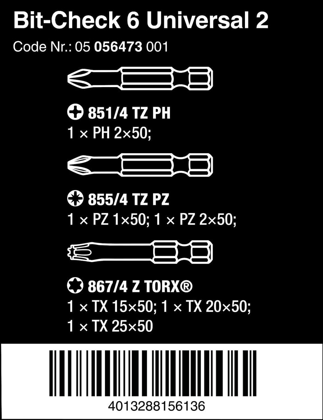 Wera Bit-Sortiment, Bit-Check 6 Universal 2, 6-teilig, 05056473001 6 piezas Universal 2, 6 piezas Un