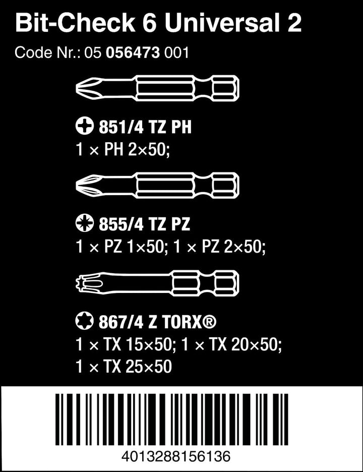 Wera Bit-Sortiment, Bit-Check 6 Universal 2, 6-teilig, 05056473001 6 piezas Universal 2, 6 piezas Un