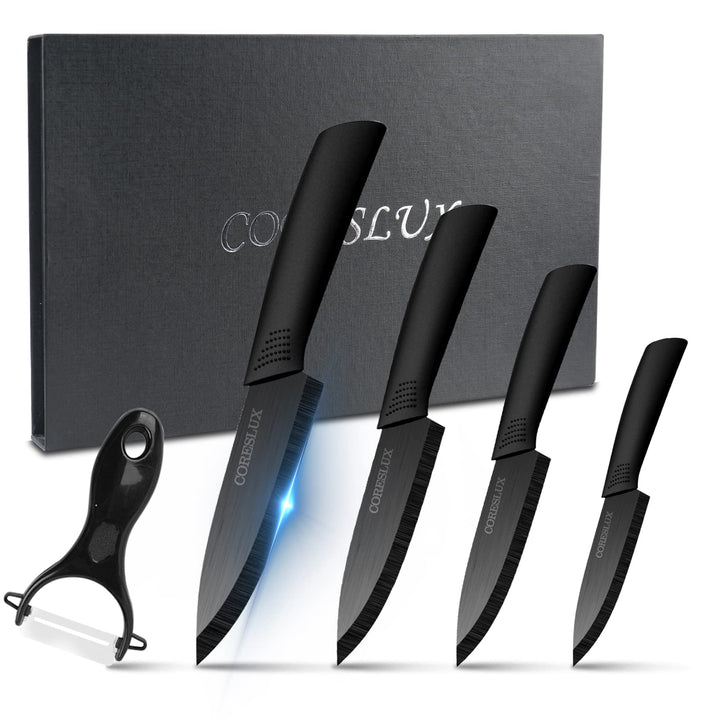 CORESLUX Keramikmesser Set, 4 Keramik Küchenmesser Set mit 1 Sparschäler, Antihaftbeschichtet, Schar