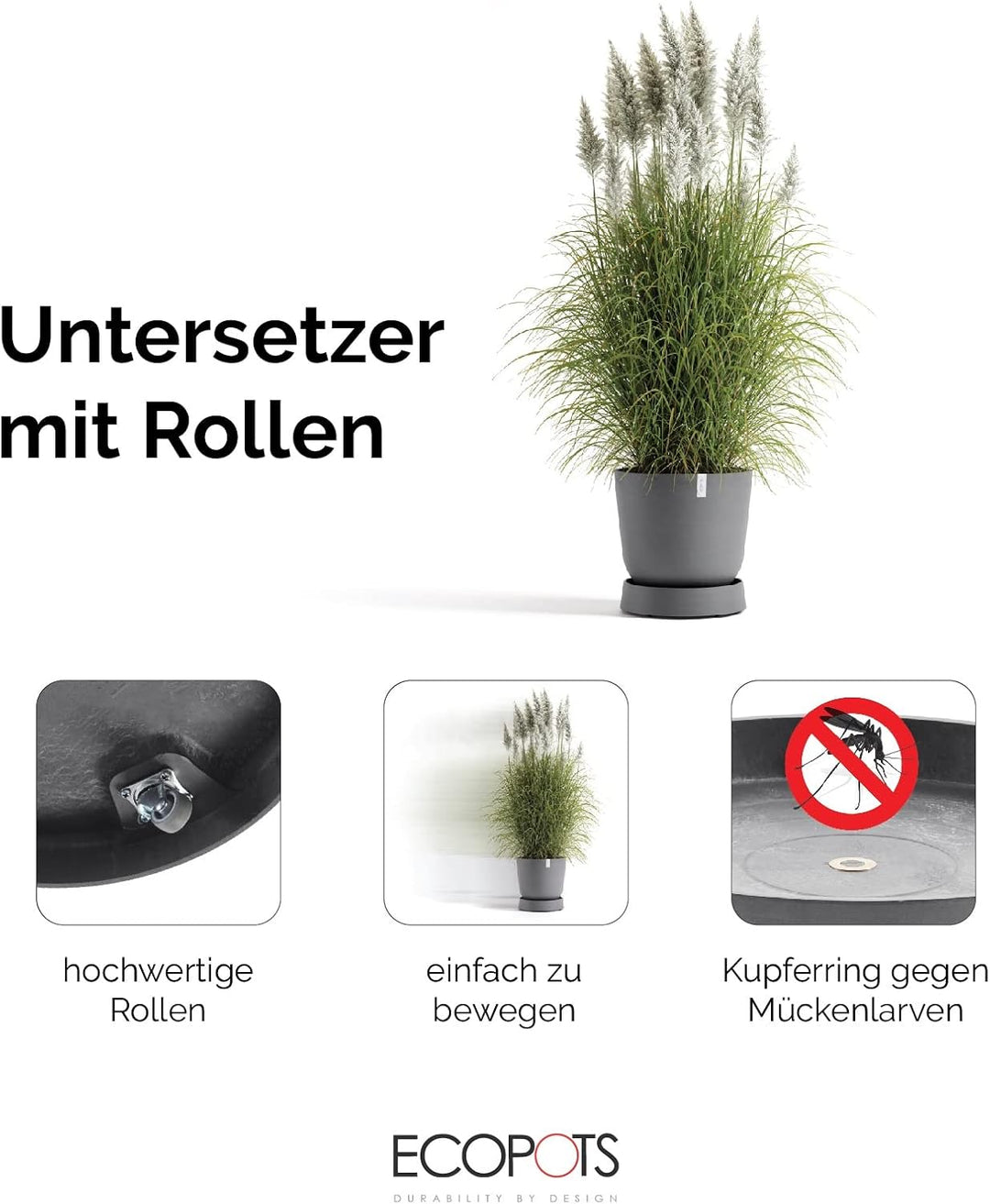 ECOPOTS Untersetzer rollbar für Blumentopf Oslo 45 dunkelgrau rund - Durchmesser innen 35 cm/aussen