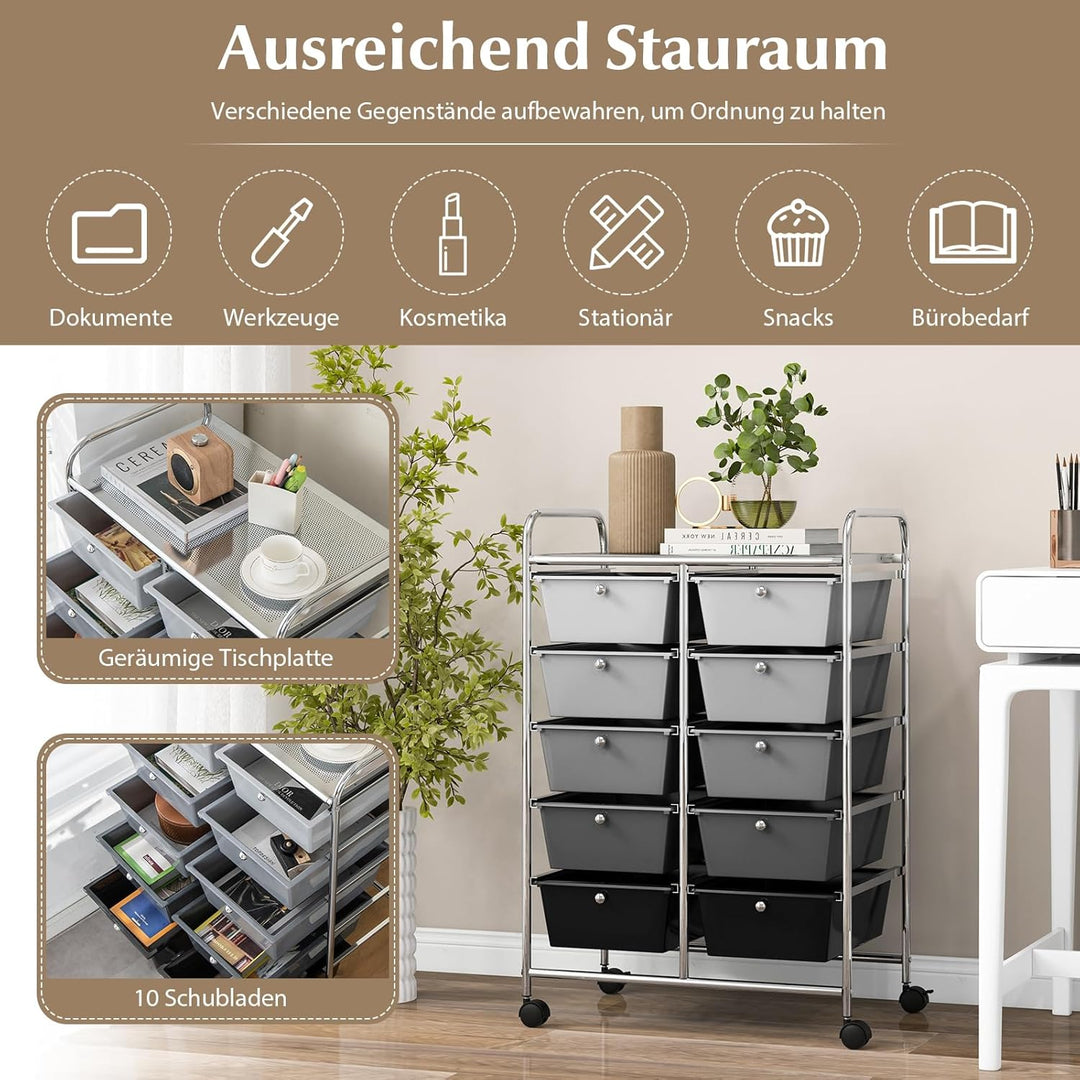 GOPLUS Rollwagen mit 10 Schubladen stapelbar, Rollcontainer mit Ablage & Metallgestell, Badregal, Au