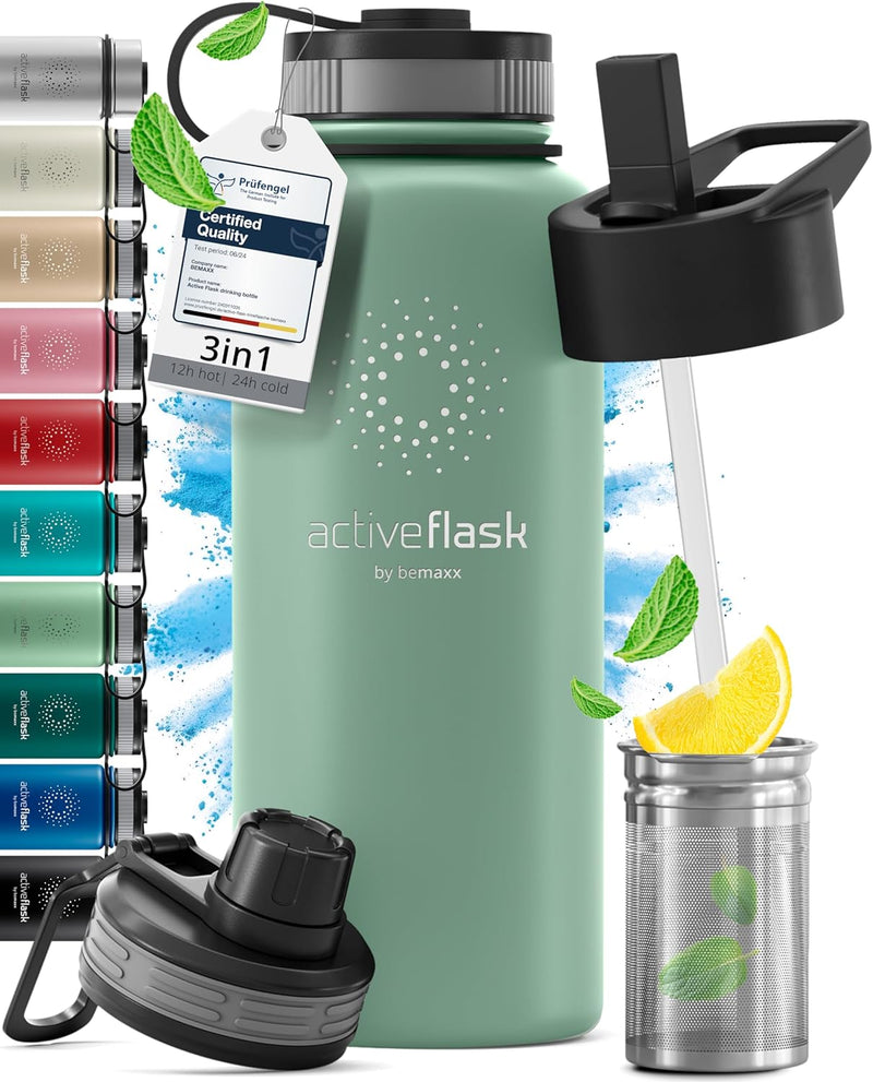 Trinkflasche Edelstahl ACTIVE FLASK + Strohhalm (3 Deckel) BPA-frei, Auslaufsicher, Kohlensäure geei
