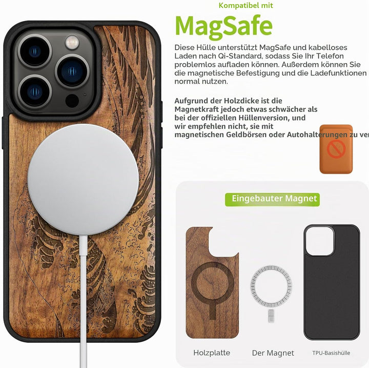 Carveit Handyhülle für iPhone 15 Pro Cover Kompatibel mit Magsafe [Holz und TPU Silikon Hybrid hülle