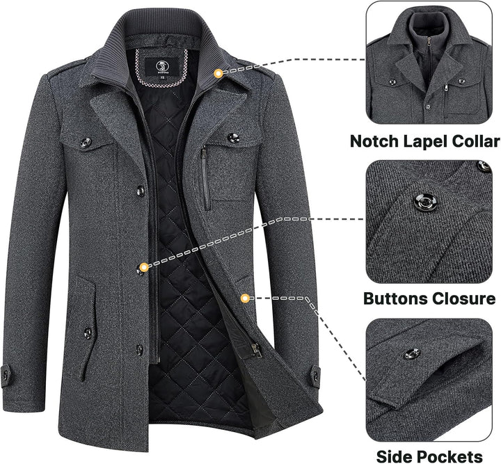 KUDORO Herren Wintermantel Wolle Kurzmantel Herren Wollmantel Mittellang Slim Fit für Business Freiz