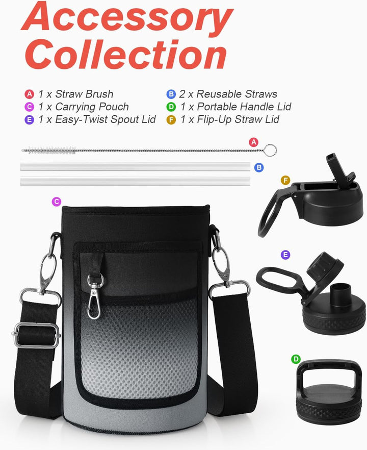 Coolflask Isolierte Wasserflasche 2L mit Strohhalm & 3 Deckeln, Isolierte Wasserflasche aus Edelstah