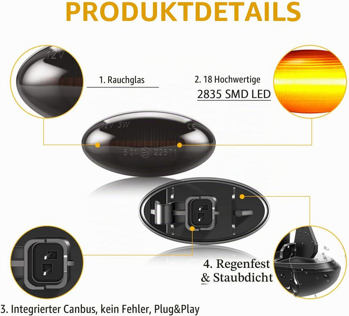 Asasytal Blinker Seitenblinker, 12v Seitenblinkleuchten Set, Kotflügel-Blinker mit E9 Zulassung Oran