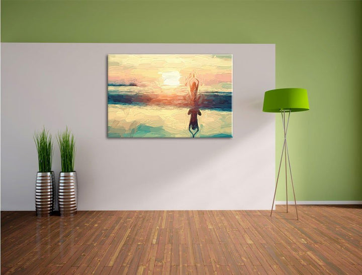 Pixxprint Frau in Einer Yogapose am Strand als Leinwandbild/Grösse: 100x70 cm/Wandbild/Kunstdruck/fe