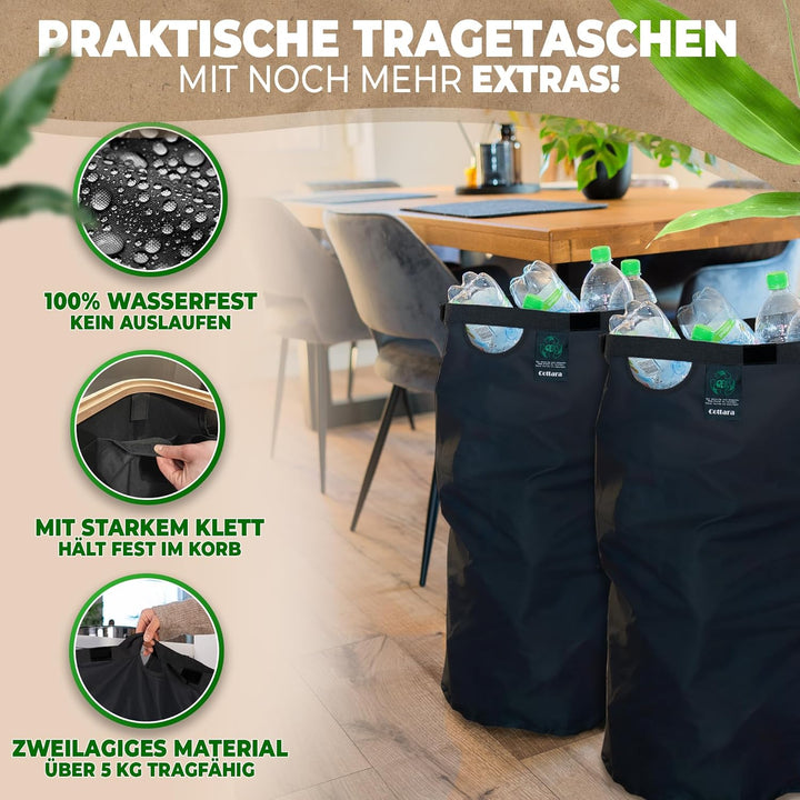 COTTARA® Pfandflaschen Sammelbehälter 2 Fächer | Pfandbehälter mit Deckel und 2x Tragetasche | Ideal