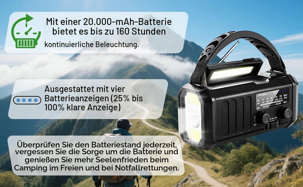Tragbares Notfallradio 20000 mAh, SOS-Alarm, FM/AM-Radio mit Leselampe, Kompass, Kurbelgenerator und