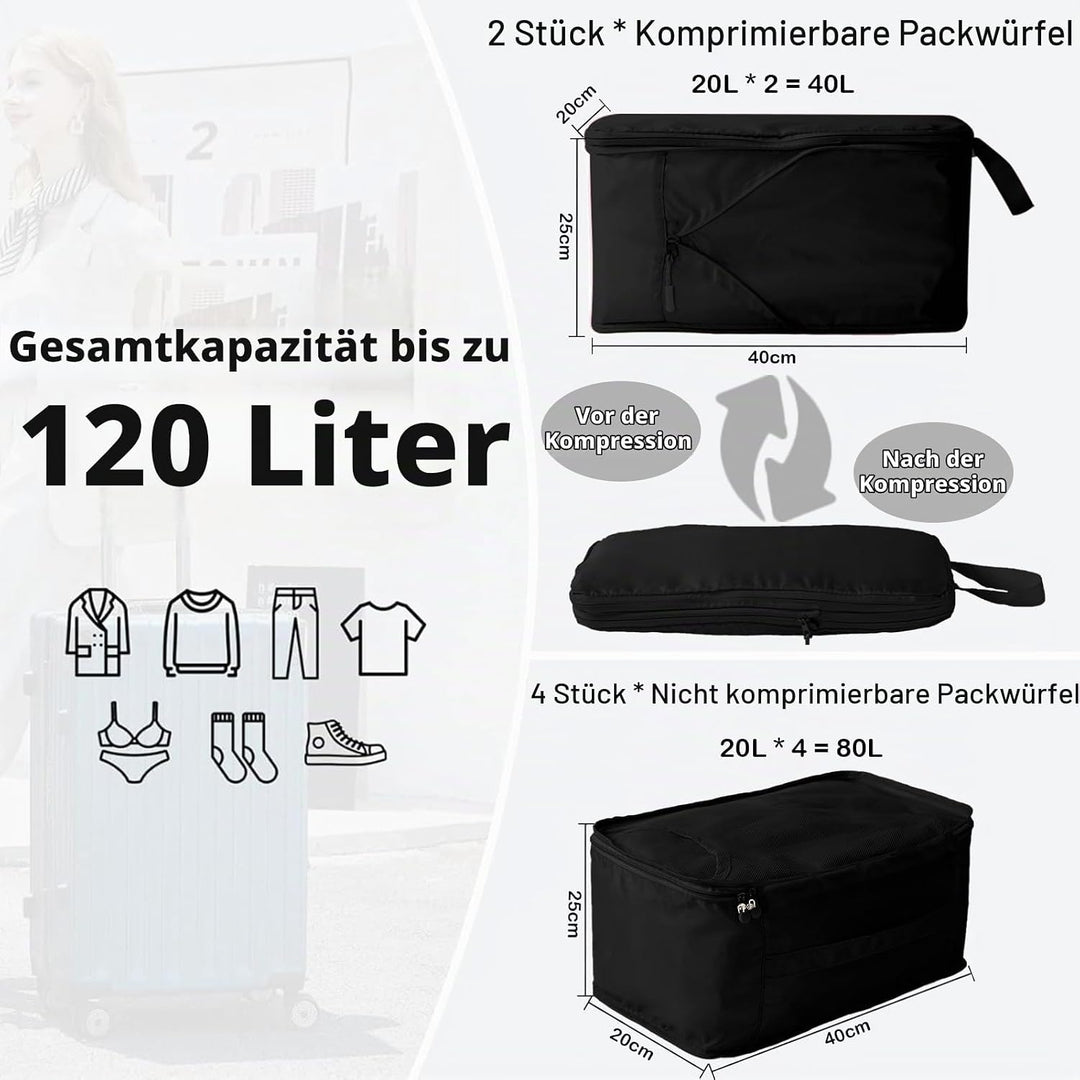 Grosse Koffer Organizer 40×20×25, 2 Stück Packwürfel Kompression &amp; 4 Stück Mesh Packing Cubes, Koffe