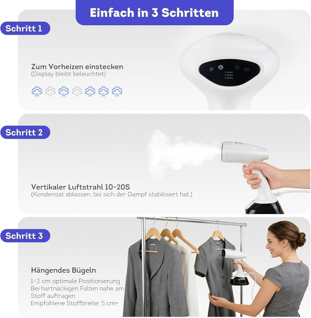 Steamer & Dampfglätter 1800W, Tragbarer Dampfbügler mit 3 Dampfstufen & 400ml Wassertank, Kompakter