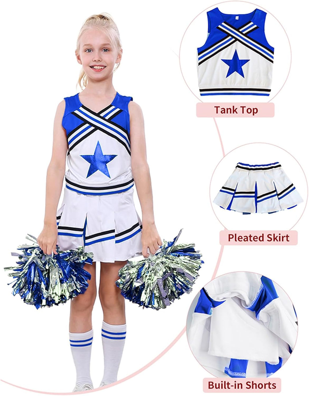 LOLANTA Mädchen Karneval Kostüm, Cheerleader kleid mit Pompoms und Socken, Mittelschule Cheerleading