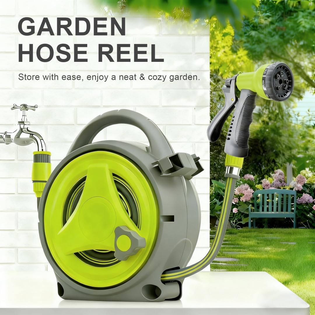 SAEIV Schlauchtrommel 12m Handbetrieb, Wandmontage Gartenschlauchaufroller mit Handbrause, Flexibler