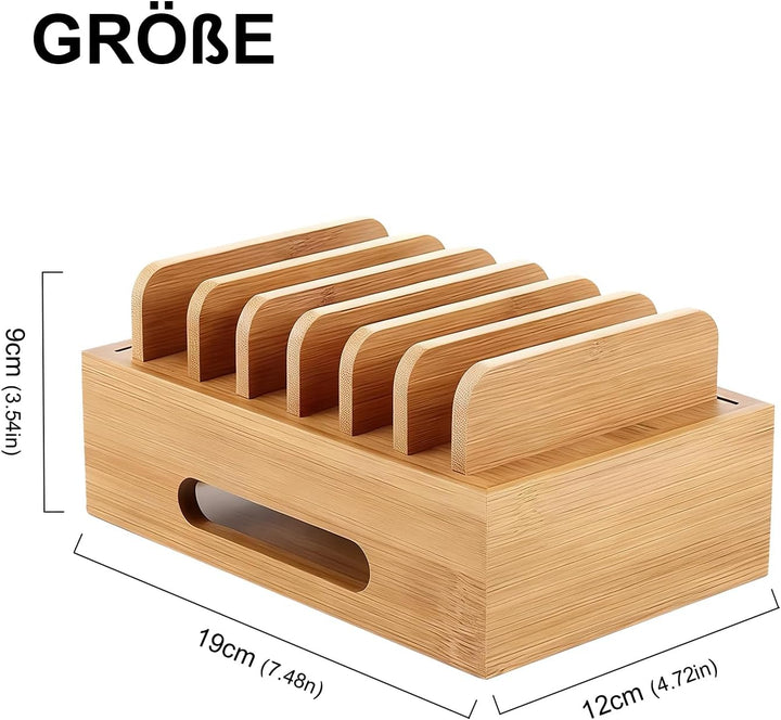 Holz Ladestation für Mehrere Geräte Ladestations Organizer 6 Fächer Handy-Dock Tragbare Dockingstati