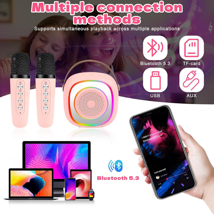 Karaoke Maschine Kinder, Mini Karaoke Maschine mit 2 Mikrofonen,Tragbarer Bluetooth-Lautsprecher mit