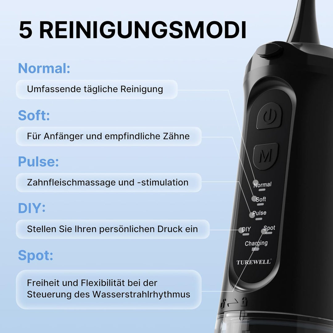 TUREWELL Munddusche Kabellos, Elektrische Zahnreiniger mit 5 Modi, 4 Düsen, 310ML Wassertank & IPX7