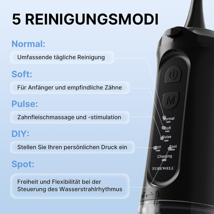TUREWELL Munddusche Kabellos, Elektrische Zahnreiniger mit 5 Modi, 4 Düsen, 310ML Wassertank & IPX7