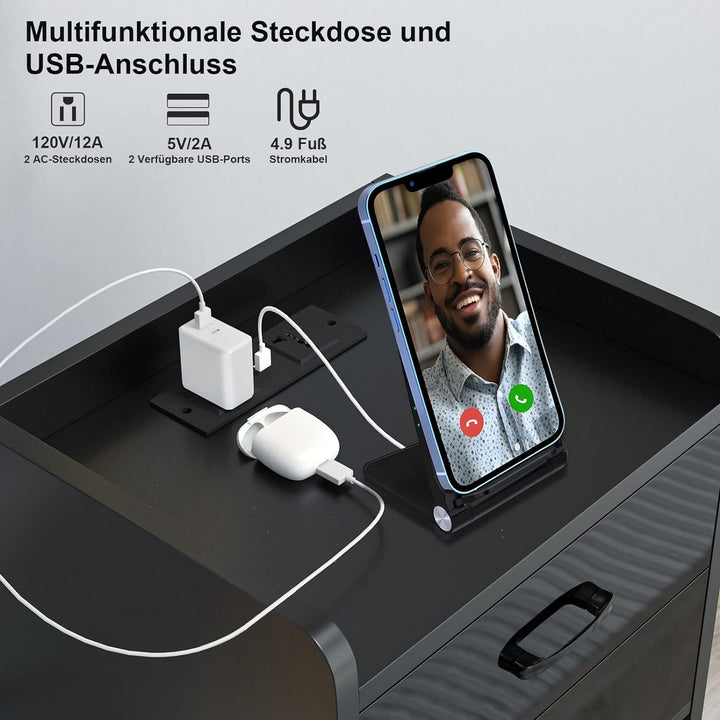 Lvhecforhm 2er Set Nachttisch Schwarz, Nachttisch mit 2 Schubladen, Hochglanz Nachttisch Tisch, Nach