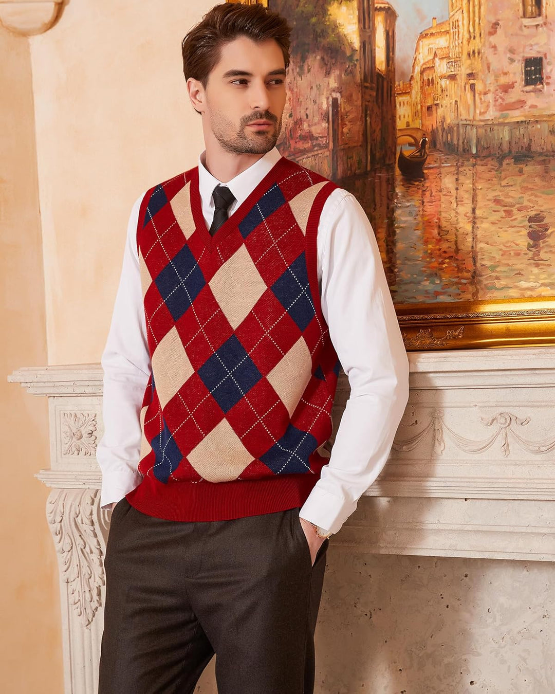 Kallspin Herren Argyle Gestrickt Ärmellos Pullover Wollmischung V-Ausschnitt Strickwesten M Burgunde