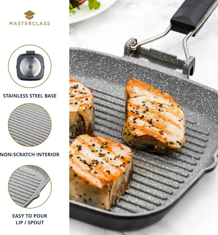 MasterClass Induktionssichere Antihaft-Grillpfanne mit Klappgriff, 20 cm (8"), Schwarz, 20 cm