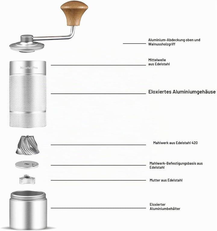 NewlukPro M6 Kaffeemühle Handbuch, Kapazität 25g, Hand Kaffeemühle Sharp Hexagonal Mahlkern, tragbar