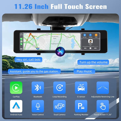 CAMECHO 11,26 Zoll Spiegel Dash Cam mit Wireless Apple CarPlay Android Auto & Rückfahrkamera, Rücksp