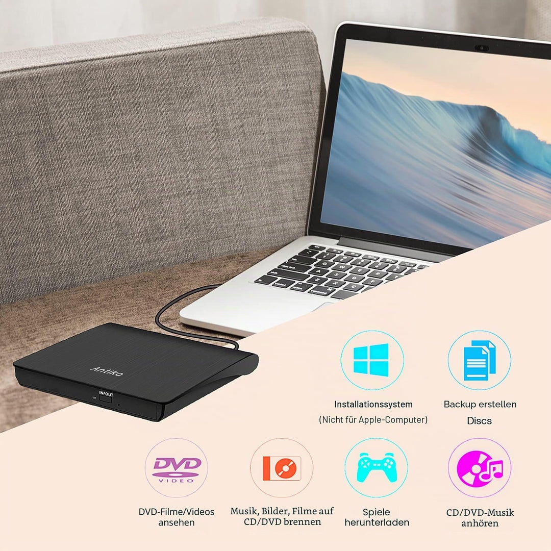 Antika Externer DVD-/CD-Brenner mit externem CD-Laufwerk USB 3.0 DVD +/- RW CD +/- RW tragbares Kart
