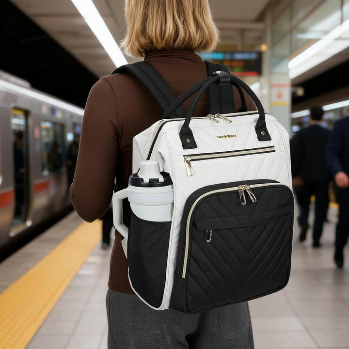 VANKEAN 15.6 Zoll Laptop-Rucksack für Damen Herren Beige-Schwarz | Computer Arbeitstasche, Grosse Ka