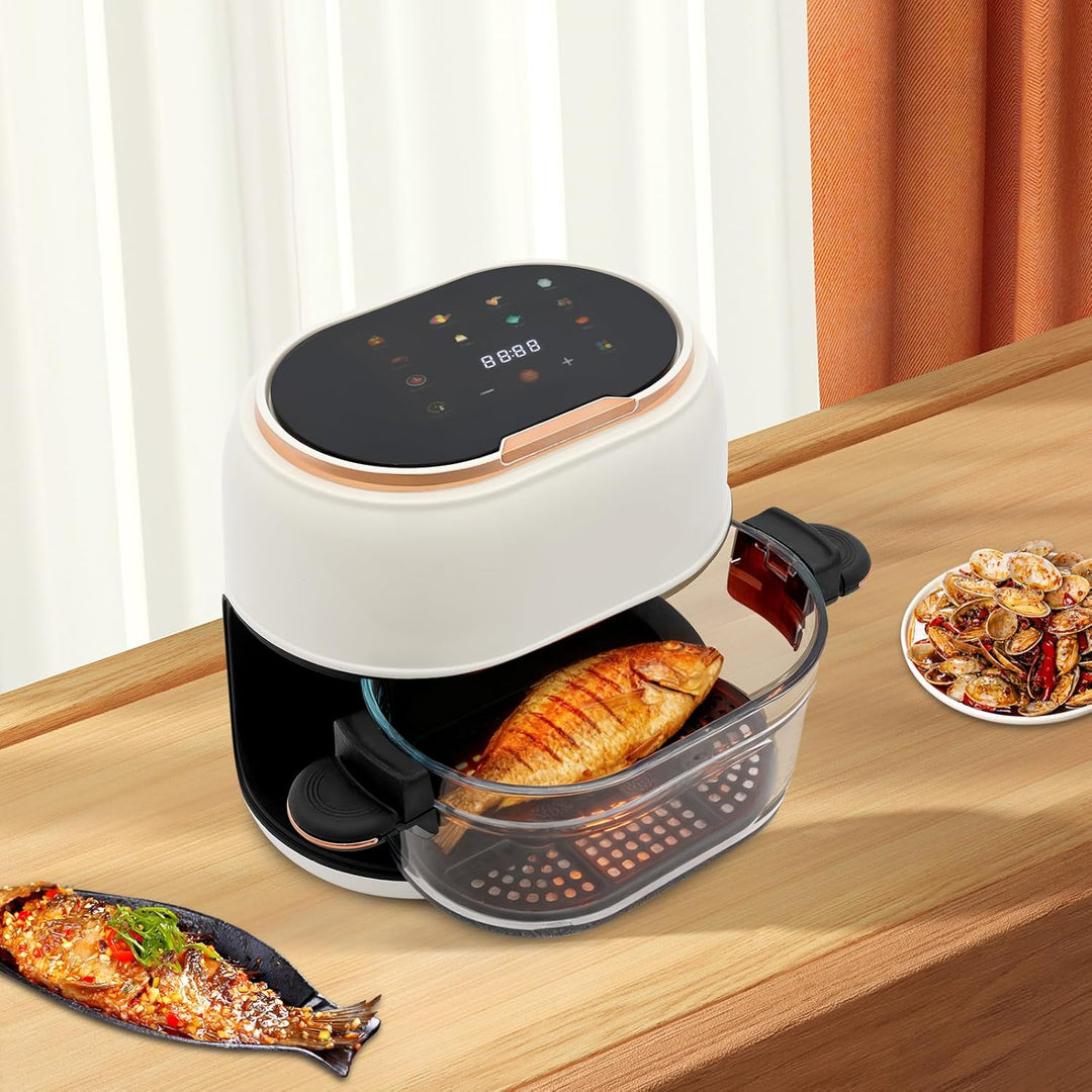 Heissluftfritteuse mit 4L Glas-Korb, 1350W Heissluftfritteuse Glas, Touchscreen, 8 Programme für fet